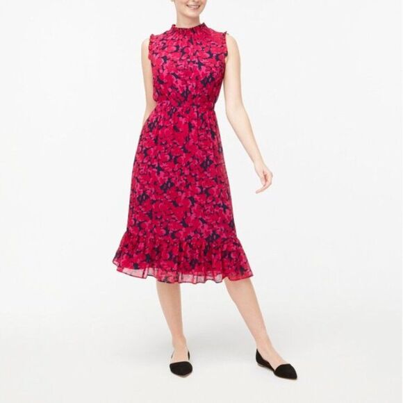 J Crew Size 2 Smocked Neck Floral Sleeveless Midi Sheath Chiffon Dress Navy Pink - Picture 1 of 15
